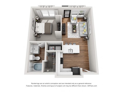 a stylized floor plan with a bedroom and a living room